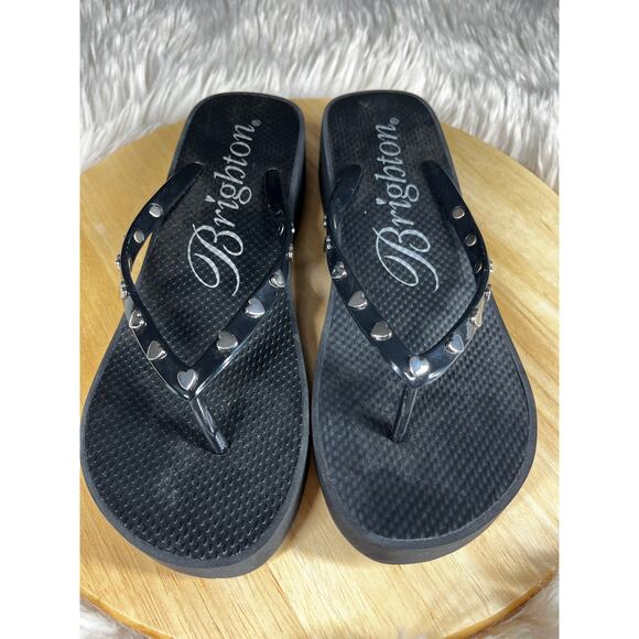 Brighton Flirty Platform Flip Flops Womens size 8 Black with Silver Brave Hearts - Picture 4 of 11